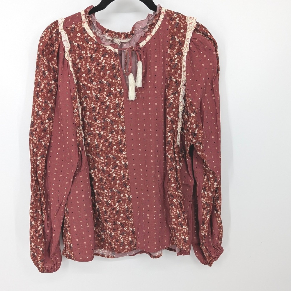 Dolan Blouse Women Medium Mauve Pink Boho Floral Mixed Print Tassel Cottagecore